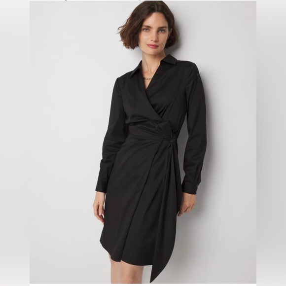 White House Black Market Poplin Long Sleeve Wrap Dress SZ 4 V Neck Color Black - Picture 1 of 15